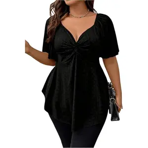 Women's Plus Size Twist Front Short Sleeve Sweetheart Neck Asymmetrical Hem Blouses Solid Peplum Tops