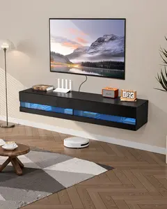 Floating TV Stand, 71 In Wall Mount Entertainment Center With Power Outlet & LED Lights, Modern Floating TV Shelf With 2 Drawers & Storage Cabinet For DVD Player, Cable Box, Game Console, Black