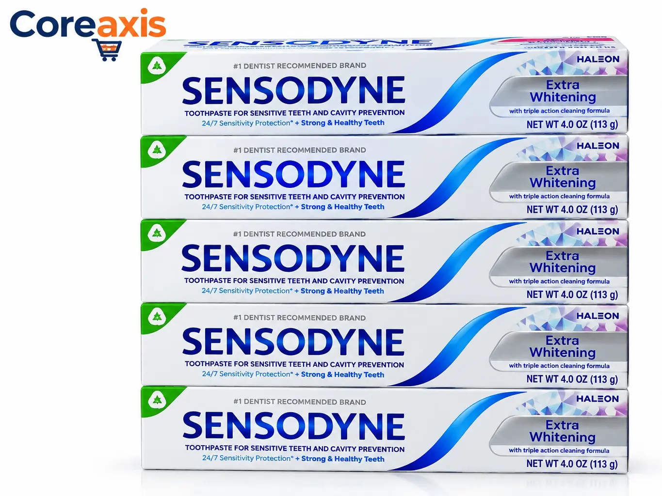 Sensodyne Extra Whitening Toothpaste for Sensitive Teeth, Pack of 5, 4 oz (113g) Each, Fluoride Toothpaste for Cavity Prevention, 24/7 Sensitivity Protection with Regular Brushing, Helps Remove Surface Stains, Daily Oral Care