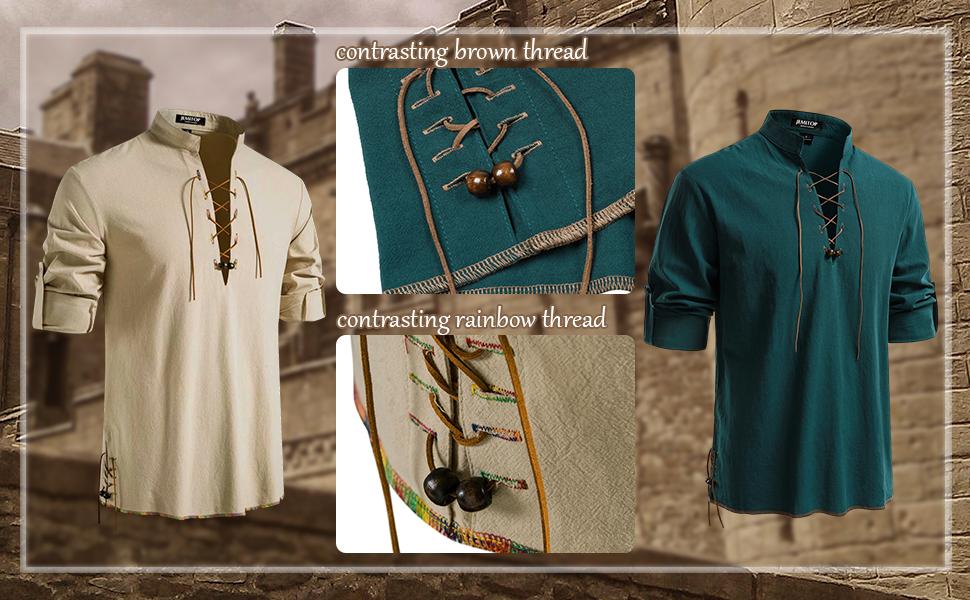 JEMITOP Men's Retro Lace-Up Shirt, 100% Cotton Renaissance Pirate Costume for Year-Round Cosplay & Halloween, Full Length, Watch Party, Costume Ideas, Character Costume Tops
