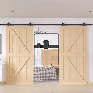 16FT Antique Top Mount Double Sliding Barn Door Hardware Kit, Black, Wood Door Cabinet Hardware, Sliding Door System for Interior, Heavy Duty Barn Door Kit