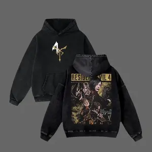 Resident Evil 4 Remake Hoodie & T-Shirt Leon & Ada Graphic, Vintage Acid Wash Apparel, Survival Horror Game Merch, Gold Poster Pullover, Unisex Cotton Top
