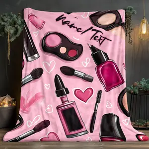 Personalized Makeup Bag Blanket - Custom Name/Text, Soft Flannel Bedspread, with Makeup Brushes, Mascara, Lipstick, Eyeliner - Pastel Pink & Design - Lightweight 280gsm