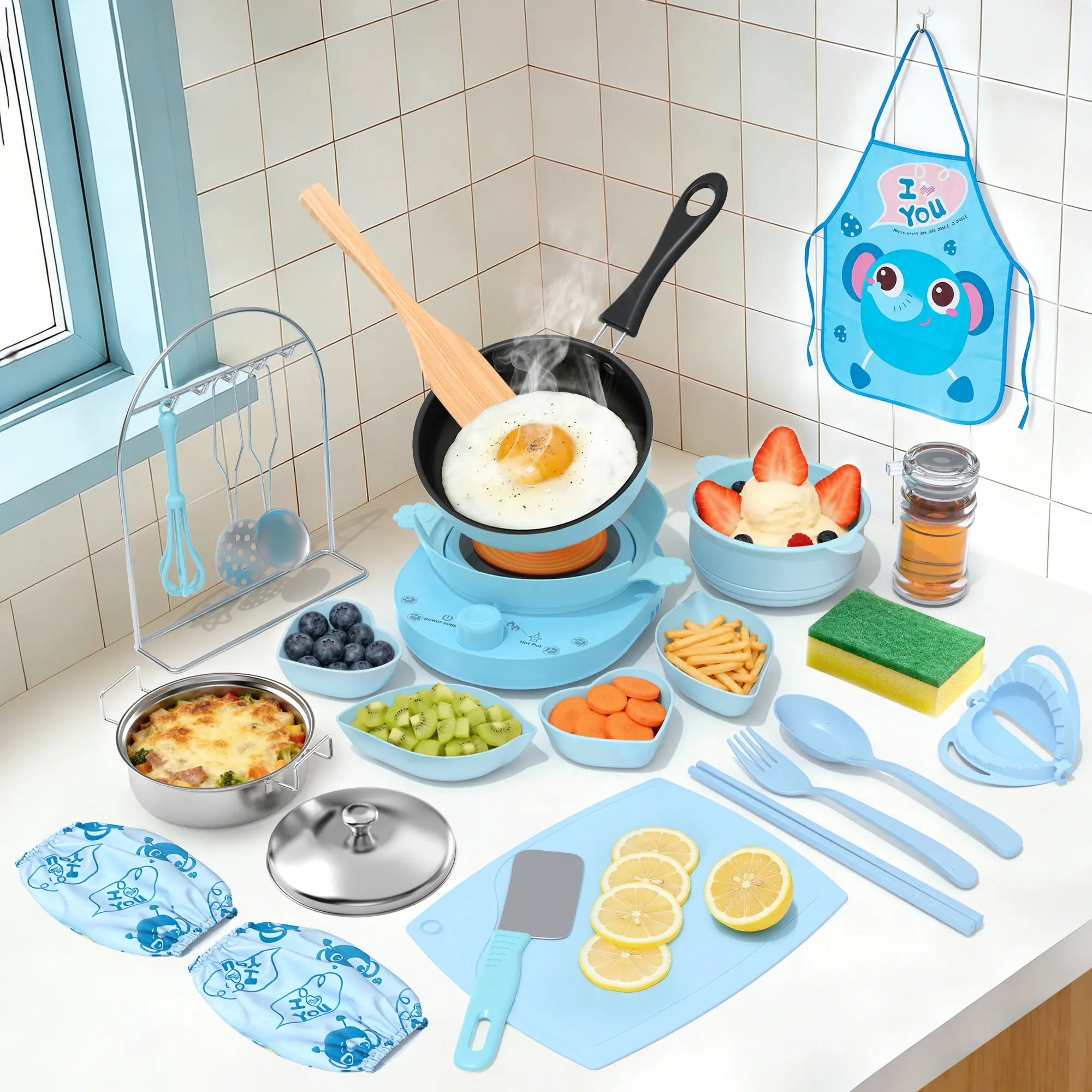 28PCS Kids Kitchen Pretend Play Set - Beginner Child-Safe Nontoxic Mini Kitchen Steamer, Pans & Utensils with Anti-Slip Guard, Blue 110V Cooking Starter Set for Boys & Girls Ages 5-12, Pretend Cooking Utensils