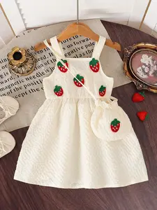 Baby Girls Cute Strawberry Patch One-Piece Dress + Bag Set, Pure Color Casual, Perfect Gift for Toddlers & Kids, Fruit Print Dress