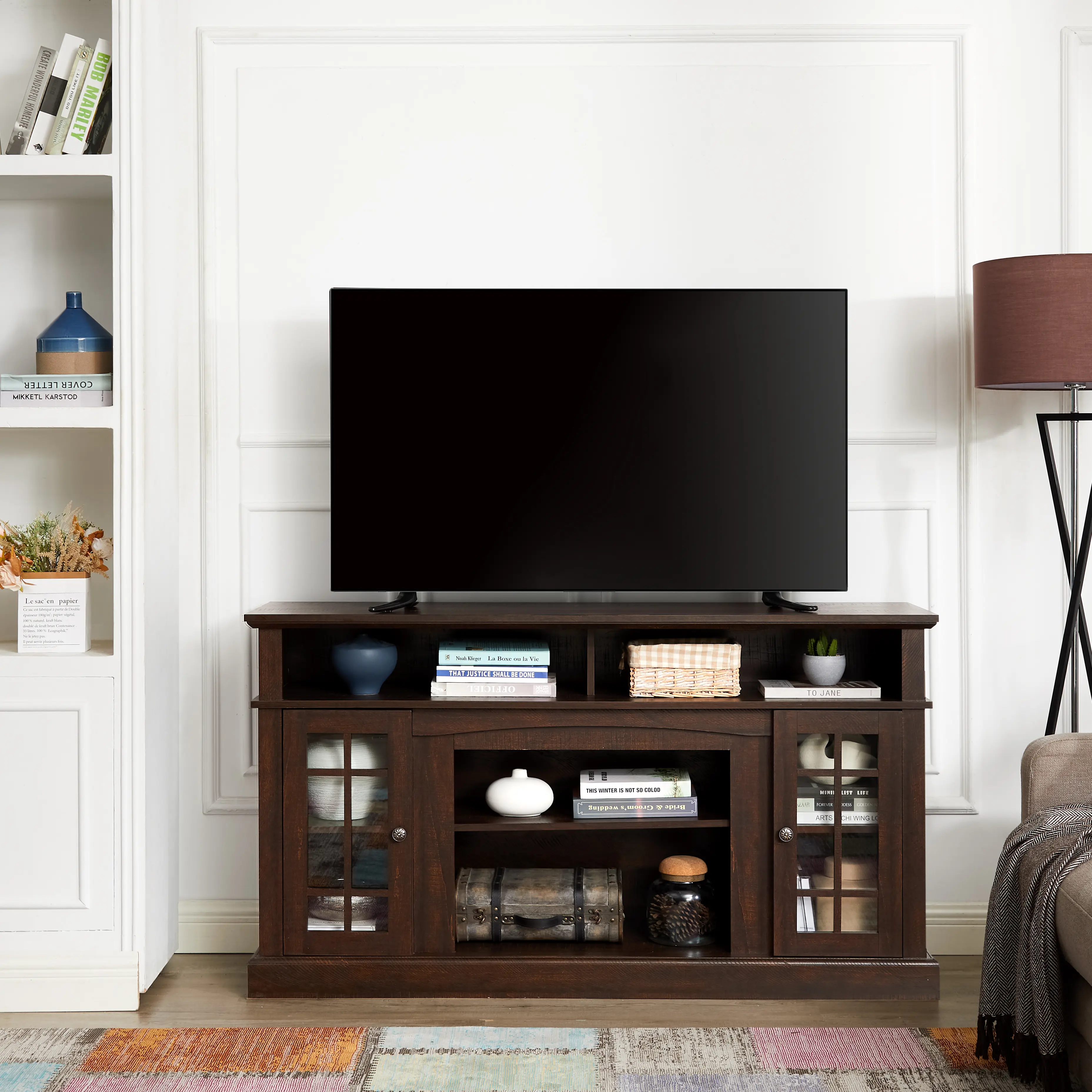 Modern Entertainment Console for TVs Up to 65 Inches, Espresso Finish, 58.25"W x 15.75"D x 32"H, Open and Closed Storage, Living Room Media Stand