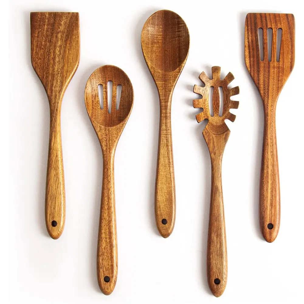 Acacia Wooden Spoons for Cooking: A Set of 5 Pieces Kitchen & Cooking Utensils-Wooden Spatula, Slotted & Pasta Spoon - Essential Wooden Utensil Set