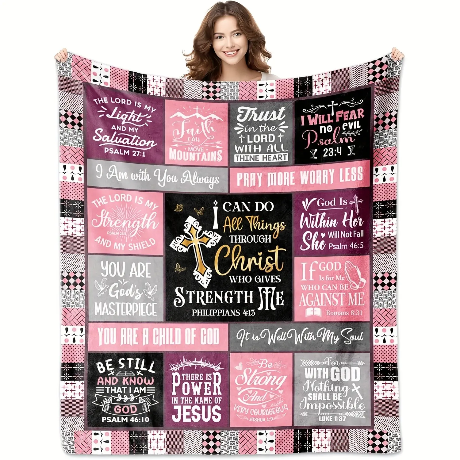 Christian Women's Flannel Blanket - Soft Cozy Christian Religious Print Throw with Scripture Texts & Cross, Multi-Size Warm Fuzzy Bedding for Bedroom/Sofa, Ideal Baptism Home Decor Gift, Christian Print Blankets, Religious Print Blankets