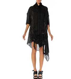 1990S Y’S Yohji Yamamoto Black & White Linen Poly 3/4 Sleeve Pin Striped  Jacket