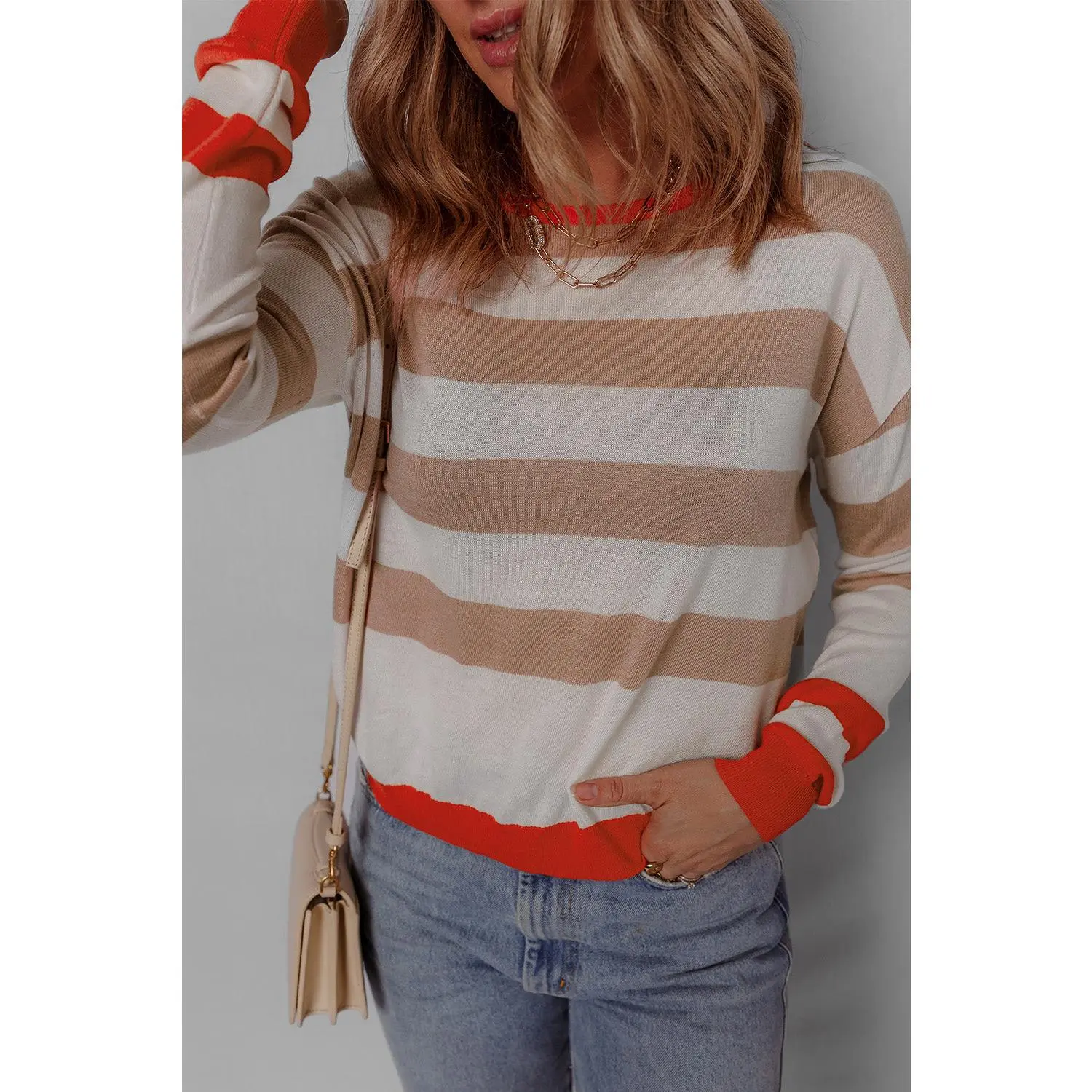 Apricot Colorblock Drop Shoulder Sweater
