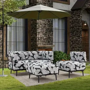 4-Piece Inflatable Furniture Set - Portable Oxford Fabric Blow-Up Couch Lounger with White Black Leaf Pattern, Comfortable Air Sofa for Outdoor Use, Durable Inflatable Couch Set Ideal for Camping and Patio