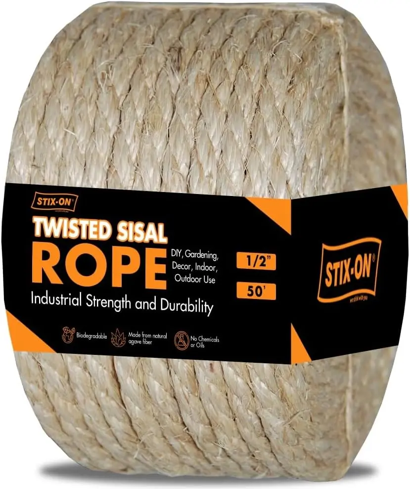 Twisted Sisal Rope – 50' X 1/2" Sisal Twine – Multipurpose Rope for Cat Scratcher, DIY Projects, Gardening, Arts & Crafts – Industrial Strength Natural Sisal String Rope (1/2 Inch X 50 Feet)