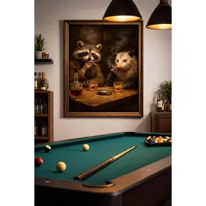Sale, Funny Raccoon Opossum Poster, Vintage Style Bar Animal Wall Art, Whiskey Smoking Critters Print, Man Cave Decor Matte Vertical Poster