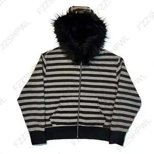 Goth Aesthetic Women Hoodie Harajuku Retro Y2K Emo Girl Fur Collar Cardigan Sweatshirt Rock Punk Hip Hop Casual Loose Streetwear