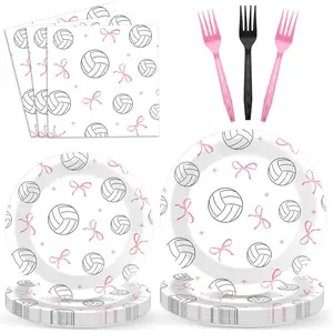 96PCS Volleyball and Bow Party Paper Plates and Napkins for Sports Themed Party Dessert Cake Plates Disposable Decor Pink Bow Volleyball Parties Set for Boys Girls Birthday Gatherings Decorations