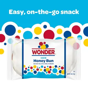 Wonder Iced Honey Bun Snack Cake - 4oz Cinnamon Sweet Dessert, Individually Wrapped, Ambient Temp Shelf-Stable, Pack of 6, Made with Enriched Wheat Flour, Palm Oil, Yeast, Whey, Ideal for Afternoon Tea