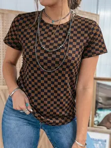 Checkerboard Round Neck Summer T Shirt, Relaxed Fit Tee Allows Easy Movement and Casual Appeal.