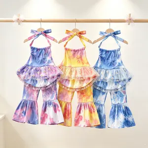 Children Tie-dye Clothes Set, Girls Sleeveless Backless Halter Tops + Flared Trousers