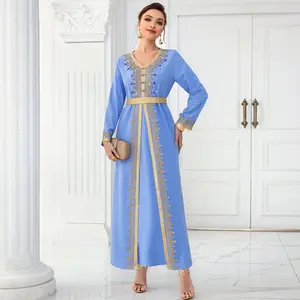 arab abaya Light blue woven fabric hand-sewn with diamonds long-sleeved double-layered dress for spring travel. Elegant and fashionable long dress
