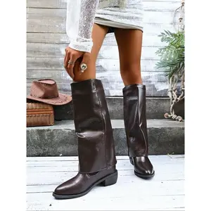Women's retro style wine pointed high-heeled boots, autumn and winter western cowboy knight boots, height repair boots, retro shoes
