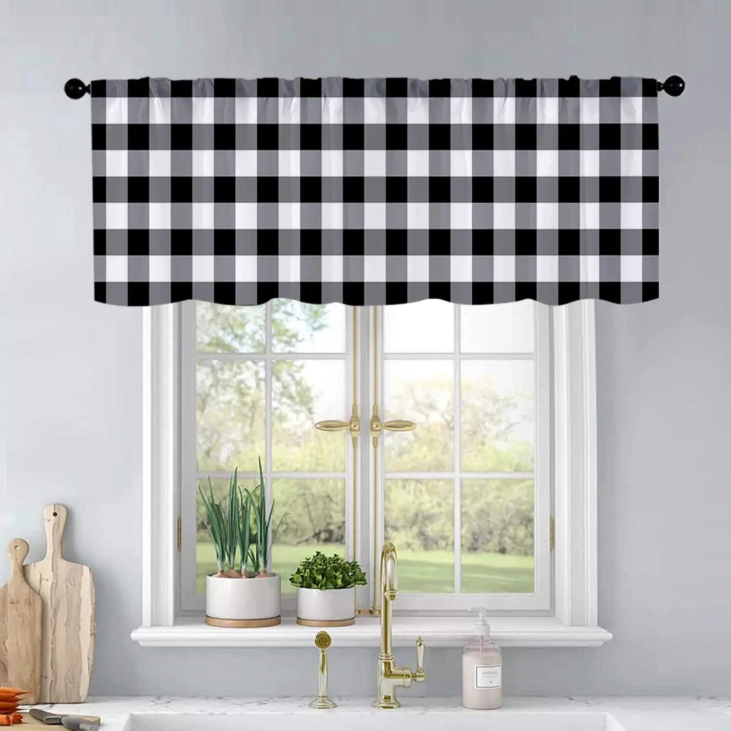 1 pc Black And White Checkered Printed Kitchen Curtains Valance Living Room Bedroom Bathroom Home Decor Window Hanging 54x18 Inch Window Curtain