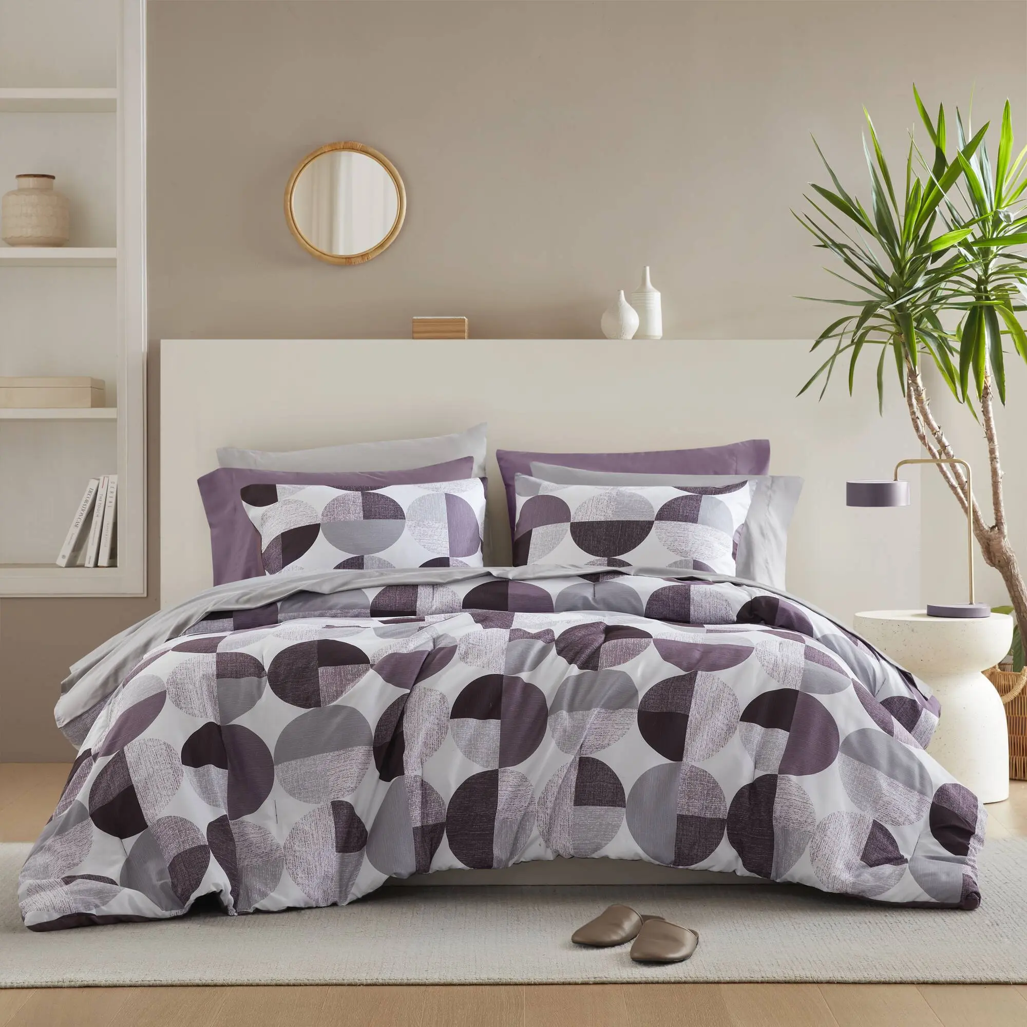 6/9 Pieces Ultra-Soft Microfiber Bedding Set Stylish Three-Tone Printed Comforter Set Warm and Cozy Mustard Yellow & Grey for All Seasons