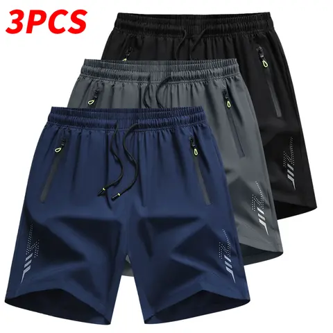 Men's Quick-Dry Polyester Blend Gym Shorts - Above-the-Knee, Drawstring-Elastic Waist, Zip Pockets, Breathable for Running, Hiking