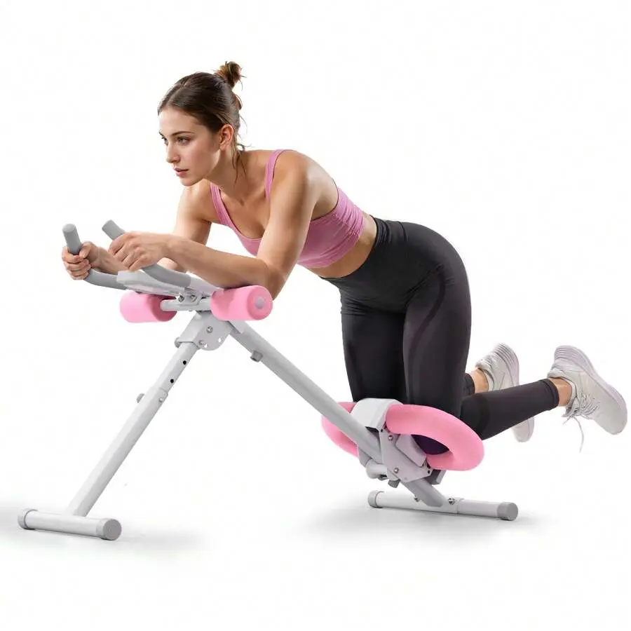 ABSPower Battery-Powered Core Trainer Machine - Pink & White, Foldable, 2 Incline Settings, 5 Height Adjustments, LCD Monitor, At-Home Fitness Equipment for Core Training, Full Body Workout, Monitor Training Progress