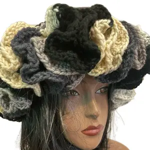 Multicolored Crochet Hat with Ruffled Brim for Women - Stylish Knitted Accessory in Neutral Colors - Versatile & Eye-Catching Design Playful Hat Winter Hat