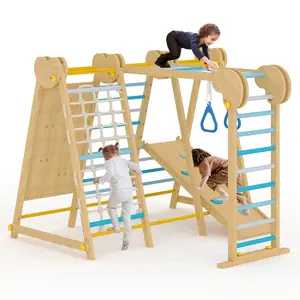 GAOMON 7-in-1 Wooden Indoor Jungle Gym for Kids 2-8, Toddler Playground with Slide Climbing Wall Monkey Bars, Climbing Playset.