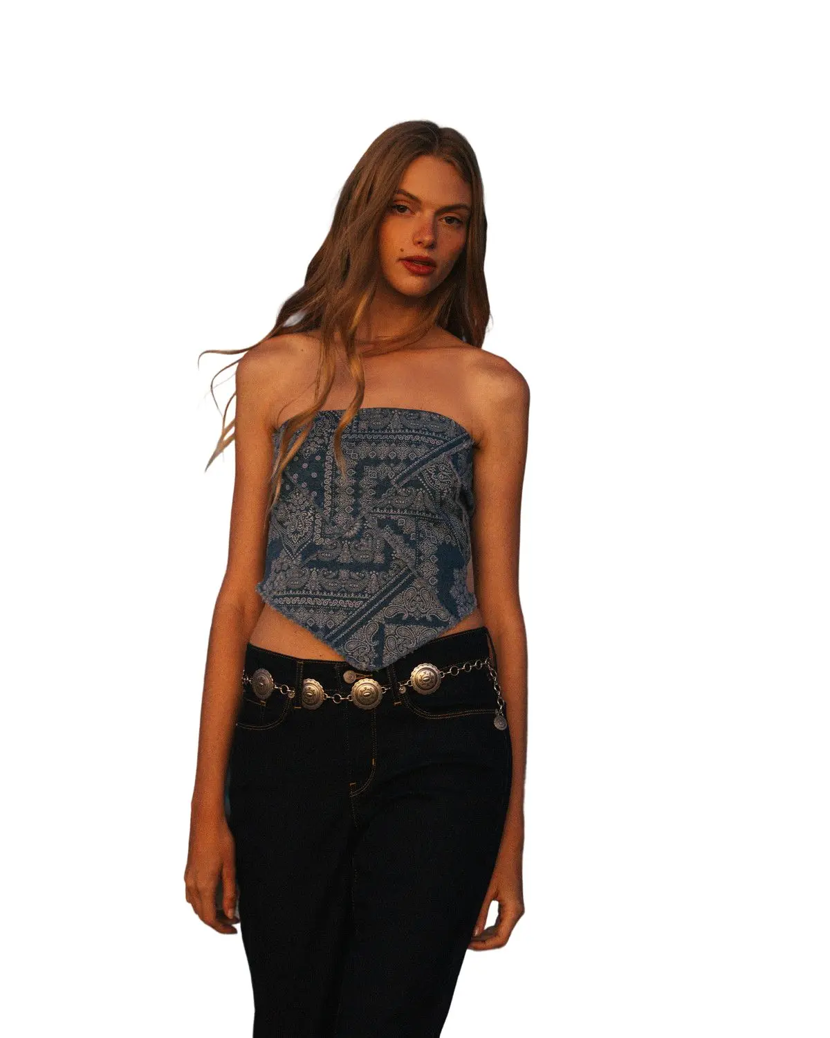 Cleo + Wolf Women's Women'S Bandana Print Strapless Denim Tie Shirt - B1844y681ci