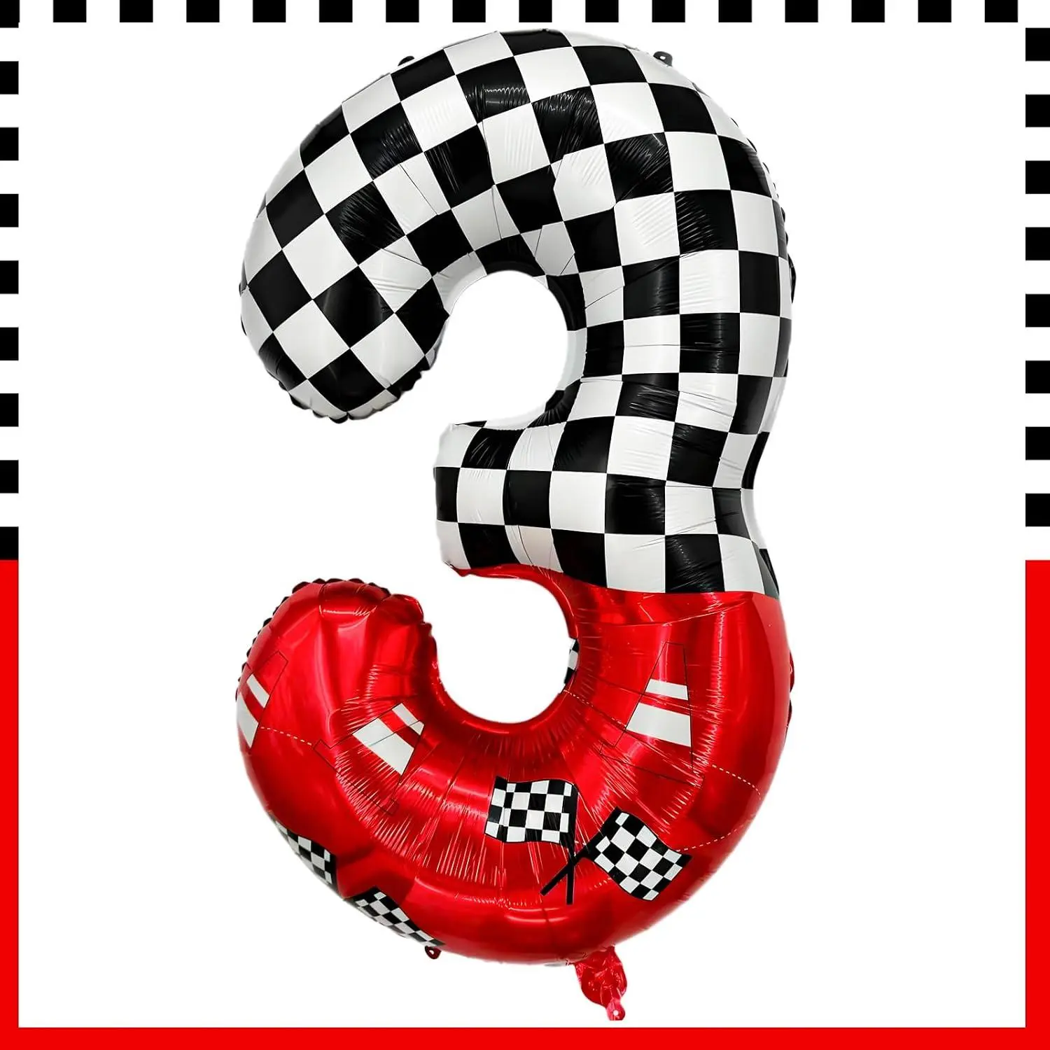 Racing-Themed Number Foil Balloons, Featuring A Black And White Checkered Flag Design With Red Racing Car Elements, Suitable For Birthday Party Decorations And Motorsport Party Supplies. (3)