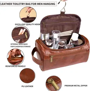 PU Leather Toiletry Bag for Men Hanging, Travel Toiletry Bag Organizer With Hook, 10x6x5.8IN Large Waterproof Cosmetic Travel Bag,Birthday Gifts for men, Shaving Kit Bag for Toiletries Accessories
