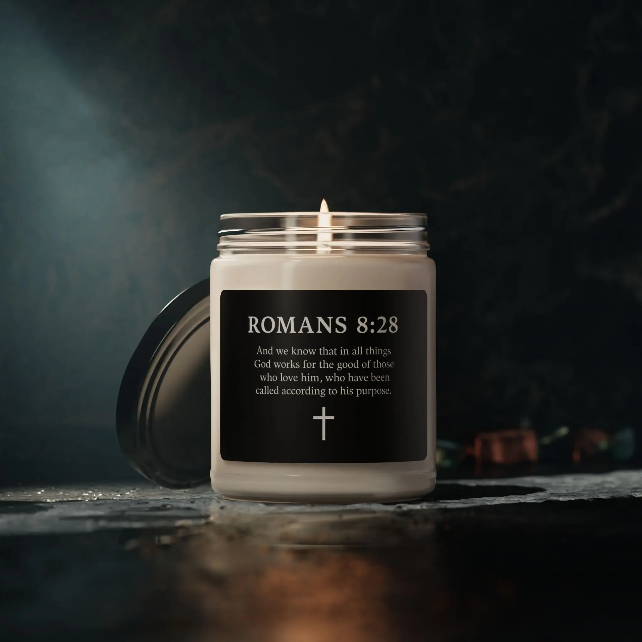 Scented Prayer Candle - Inspirational Romans 8:28 Verse, Soy Candle Decor Glass