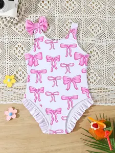 Little Girl Cute Bow Print One-Piece Swimsuit, Single Side Bow Design, Perfect for Beach Vacation & Summer Fun, Fashionable Kids Swimwear, Swim Bodysuit
