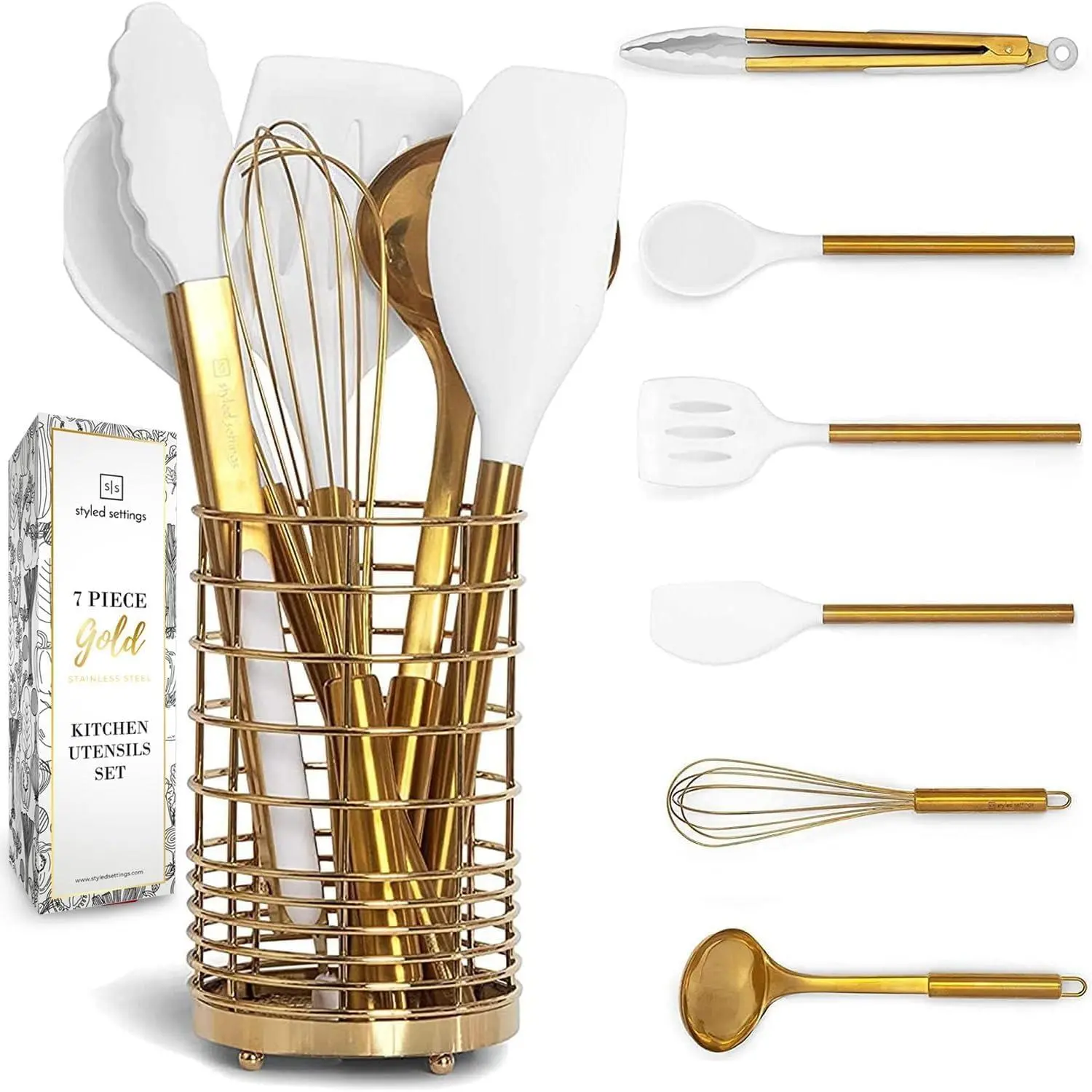 7-Piece Gold Kitchen Utensils Set - White Silicone Cooking Tools with Gold Holder, Includes Spatula, Luxury Home Accessories for Stylish Cooking, Ideal Festive & Party Gift, Gifting, Luxury Kitchen Accessories