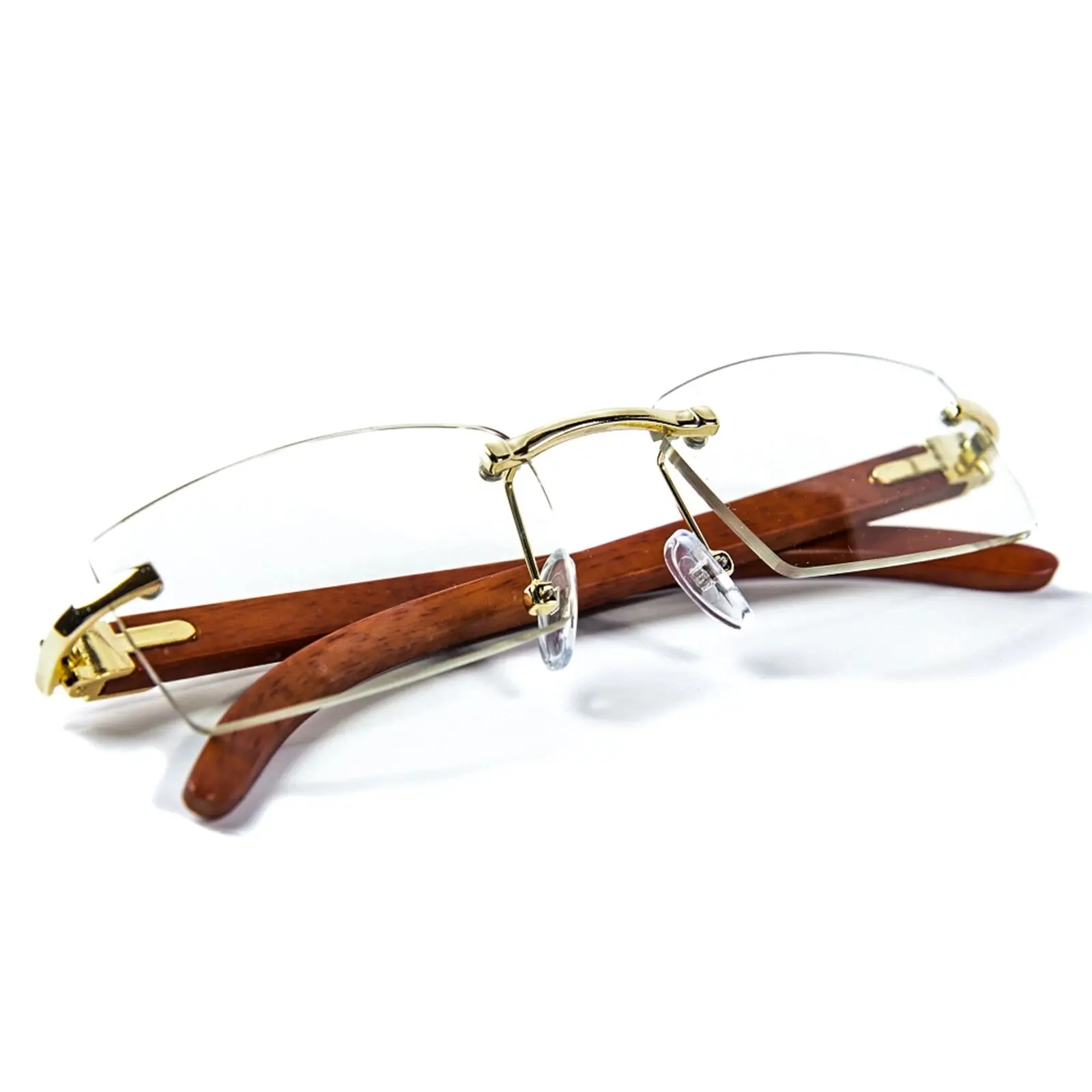 Vintage Rimless Wood Gold Frame Retro Hip Hop Mens Clear Lens Glasses with Classic Design and Comfortable Fit