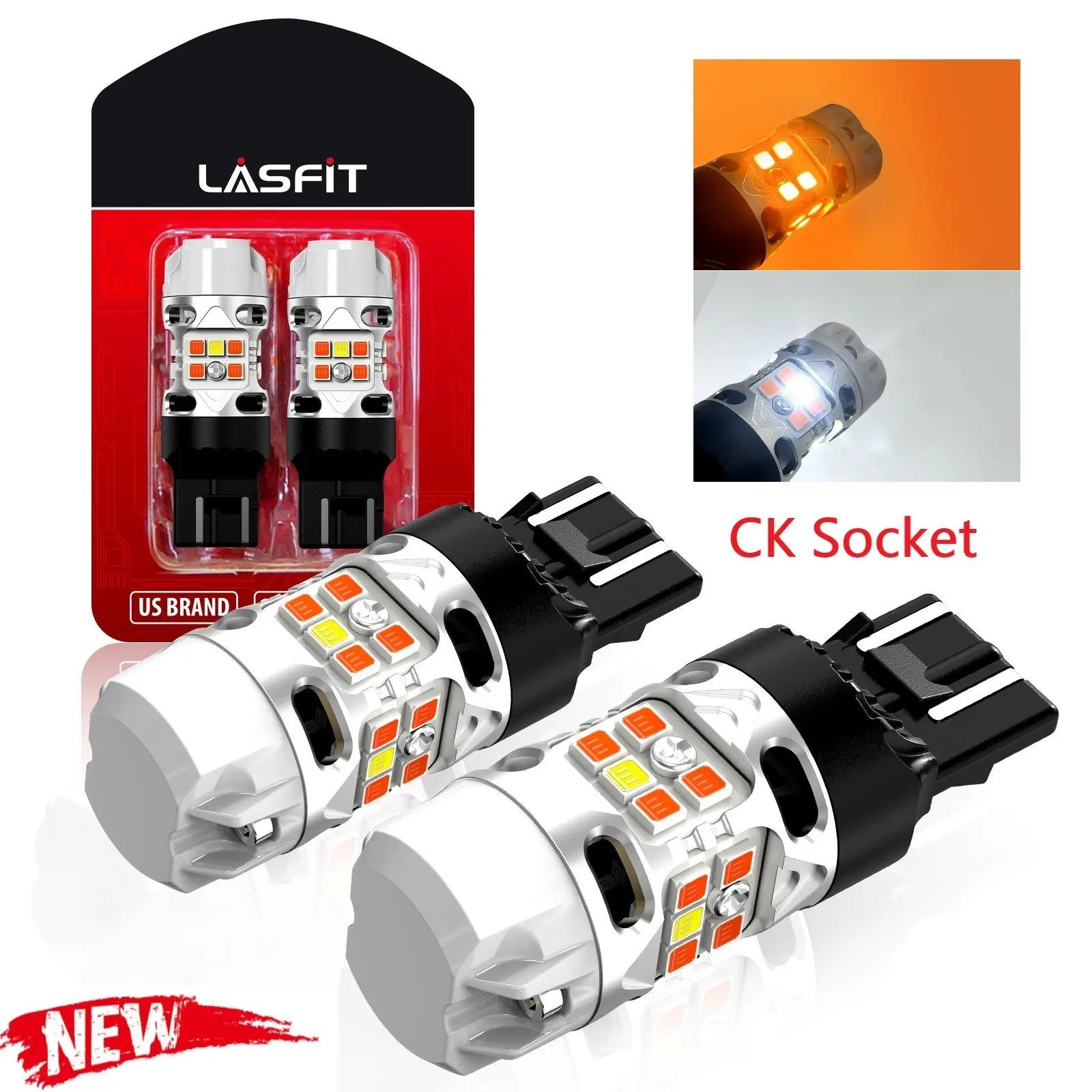 Lasfit T3 Series CK Socket 7443 7444 Dual LED Turn Signal Light Bulbs - CanBus-Ready Switchback Carlights, 2 PCS Automotive Lighting Accessories