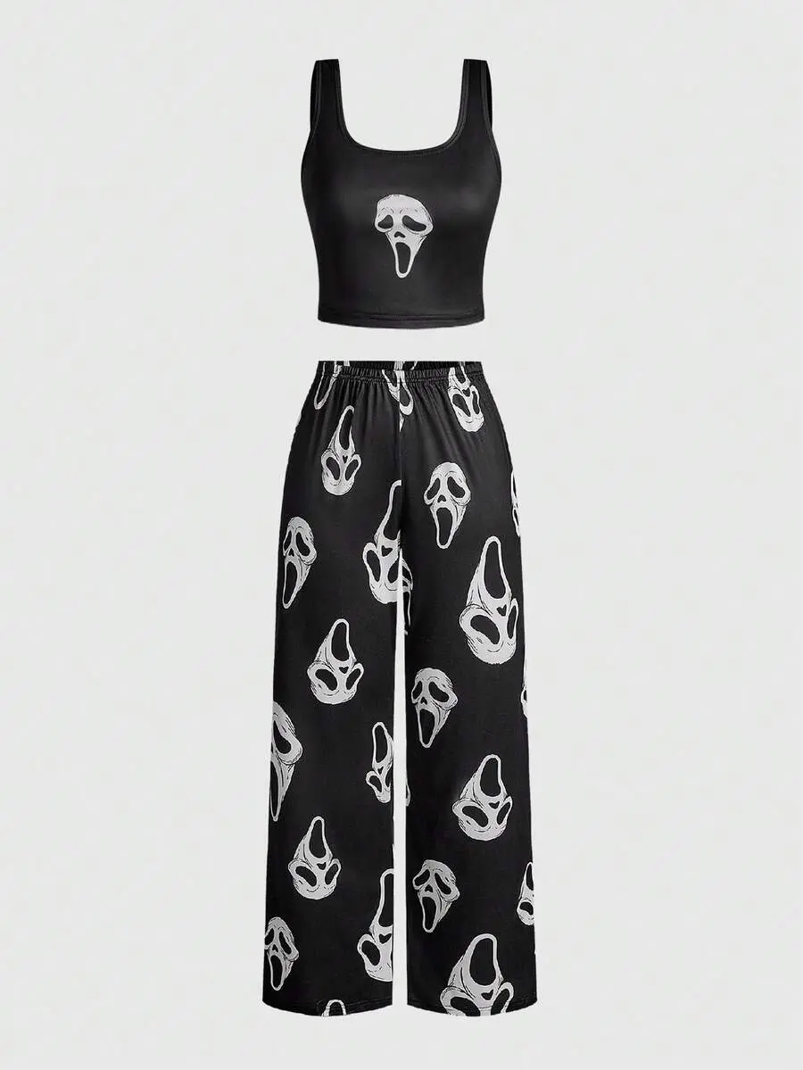 Women 2 Piece Ghost Face Lounge Set | Red Scream Print Tank Crop Top & Wide Leg Pants | Spooky Sleepwear