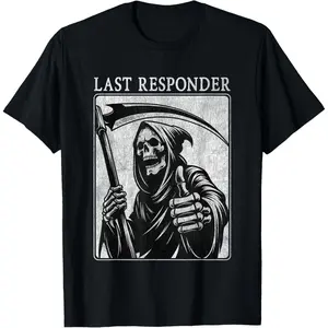 Grim Reaper Responder Apparel Last Responder Grim Reaper Distressed T-Shirt Menswear Tops Tshirt Streetwear Casual Crewneck Shortsleeve Black