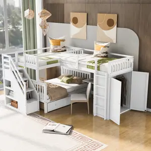 Twin-Twin over Full L-Shaped Bunk Bed with 3 Drawers, Portable Desk & Wardrobe, Multi-Functional Loft Bed with Storage for Kids Teens, Space-Saving Bedroom Furniture