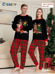 The two-piece Christmas couple set of pajamas, long-sleeved top and long pants with reindeer and Christmas tree prints, red/green checkered design, soft and comfortable fabric for couples, is an ideal Christmas gift for holiday party outfits