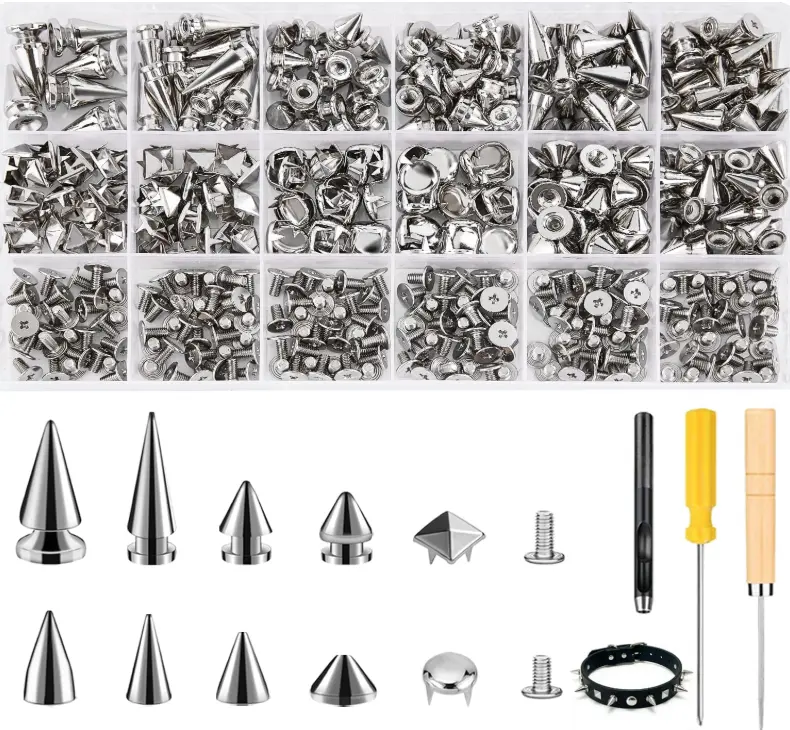 Craluuur 455PCS Punk Spikes and Studs Kit for Clothing, 12 Sizes Premium Metal Cone Spikes, Square Pyramid Studs & Round Dome Rivets for Leathercraft and Punk Style DIY Craft Decoration