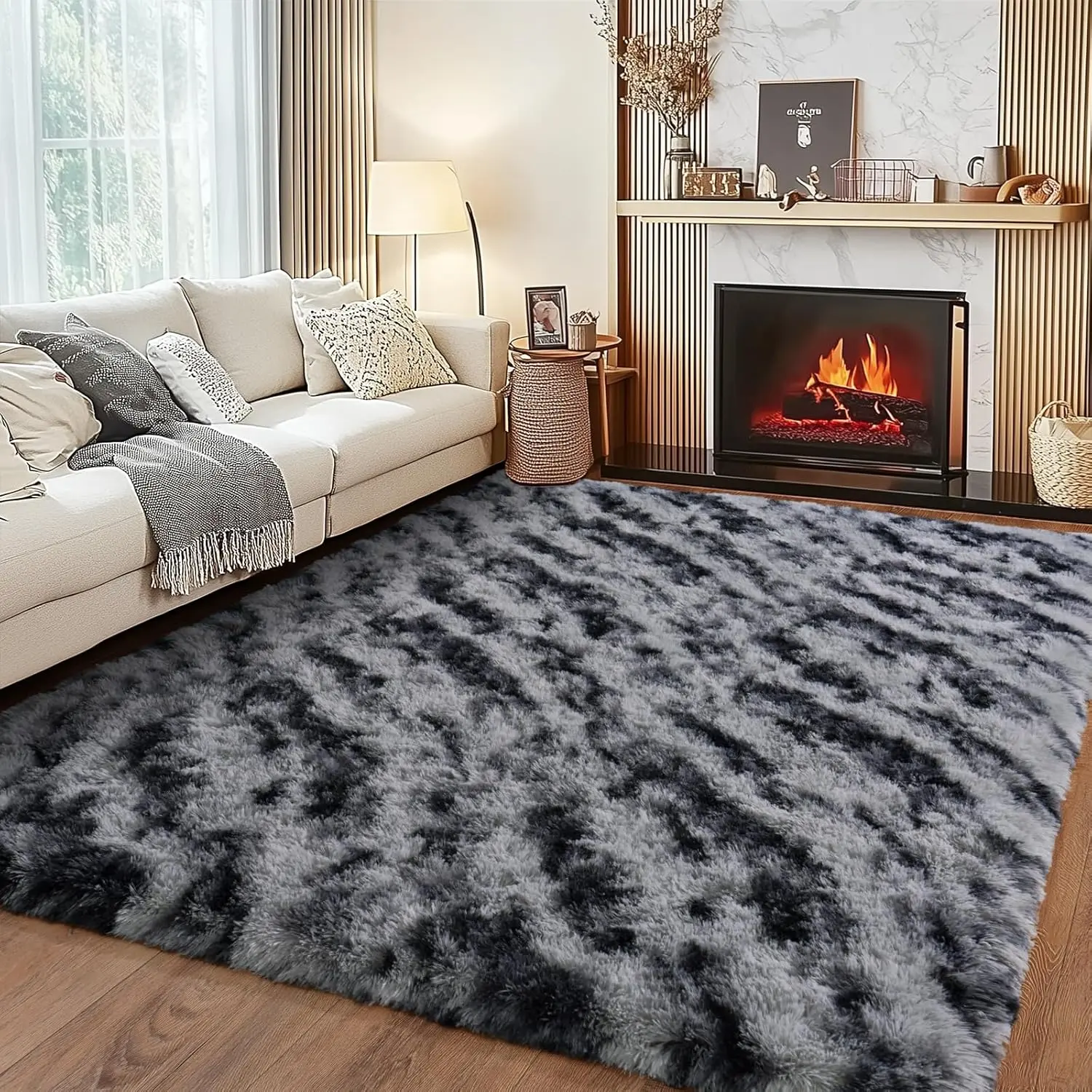 JAKOLIVE Traditional Crochet Rectangle Indoor Area Rug, Tie-dyed Black Grey Stripes, Extra Soft Fluffy Plush Eco Polyester, Fade-Resistant, Durable, Machine Washable, Non-Customised, for Living Room-Bedroom Decoration