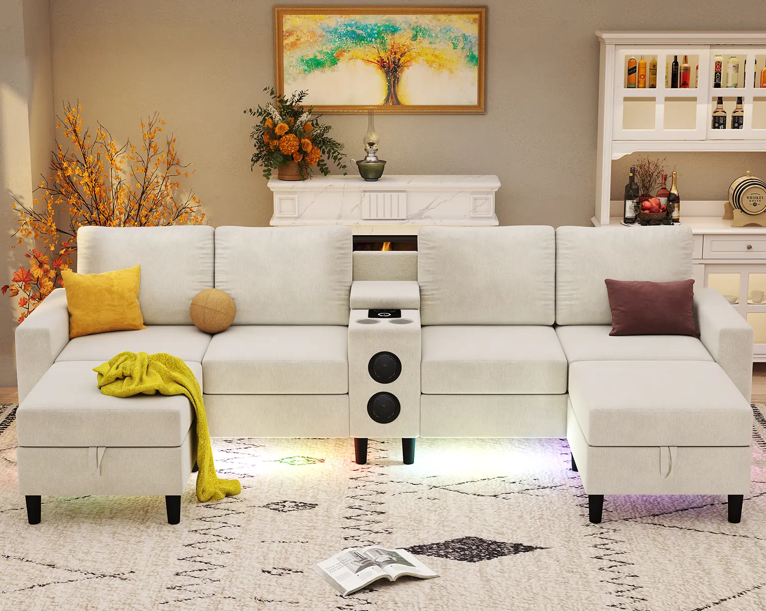 Living Room Chenille Fabric Sofa Sets – Family-Friendly Indoor Furniture with Built-in Speakers for Daily Leisure, Kids Play & Family Gatherings