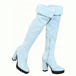 BLISSFUL STEP Women's Chunky Heel Faux Fur Zipper Over Knee High Platform Boots 9 Sky Blue