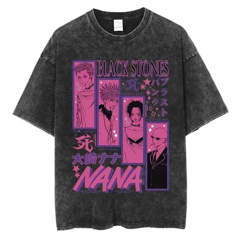 Unisex Stylish Round Neck BLACK STONES BLAST Nana Osaki T-Shirt - Vintage Anime Graphic, Acid Wash Streetwear, Pink Panels, Purple Pink Frames, Kanji NANA Font, Heavyweight Cotton Harajuku Apparel