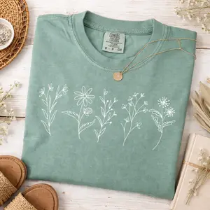 Comfort Colors Minimal Floral Line Art Shirt Simple Wildflower Graphic Tee Vintage Nature Aesthetic Clean Outfit Womenswear & Underwear - Women's Tops - T-Shirts