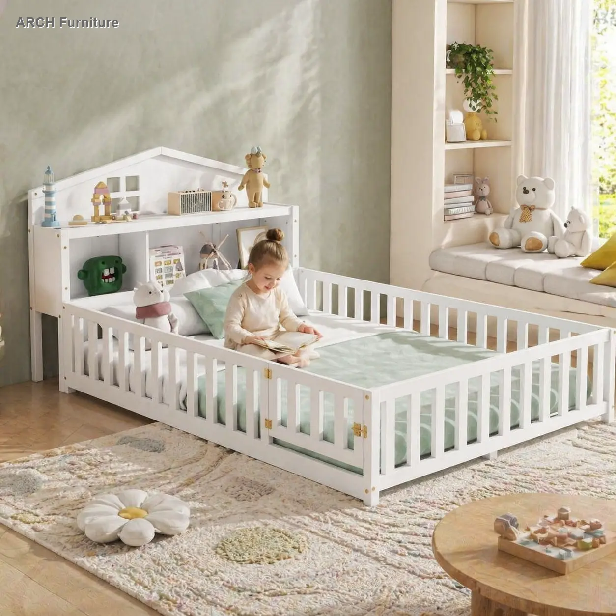 Full-Size Montessori Floorbed Platform Bed Frame - Solid Plywood Storage Headboard with Bookcases, Chalkboard Back, Guard Rails - Kids Bedroom Furniture, Crib for Infant, White Indoor Furniture, Kids Furniture Bedroom