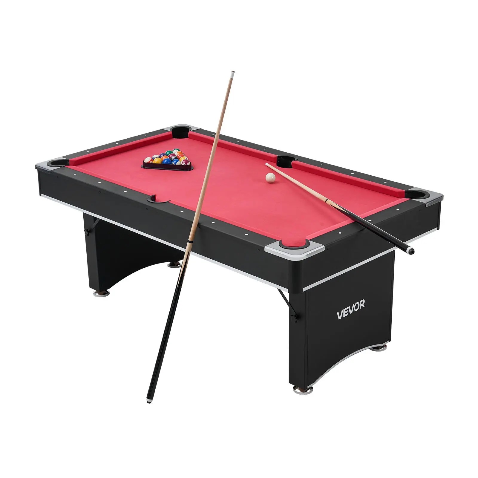 【Summerfinds】VEVOR Pool Table, 6 ft Portable Billiards Tables, Adjustable Feet Stable Game Table, Entertainment Set Includes Ball, Cue, Rack, Chalk and Brush, Black with Red Cloth, for Family Use, Recreation Room